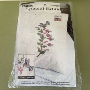 Bucilla Stamped Cross Stitch Kit Pillowcases‎ 64087 Hummingbirds Flowers Set 2